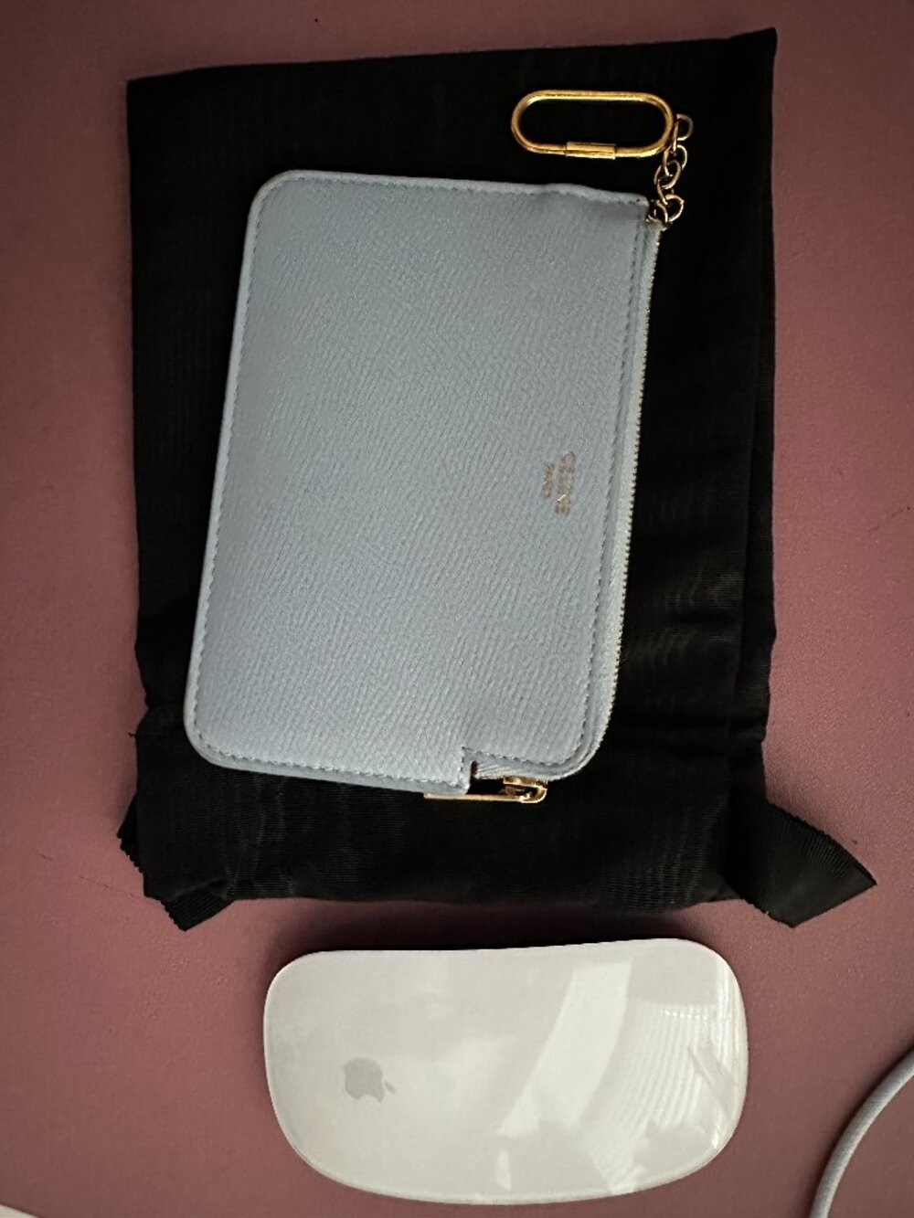 CELINE Light Blue Grained Calfskin Zip Card and Coin Pouch with hook - Picture 2 of 6